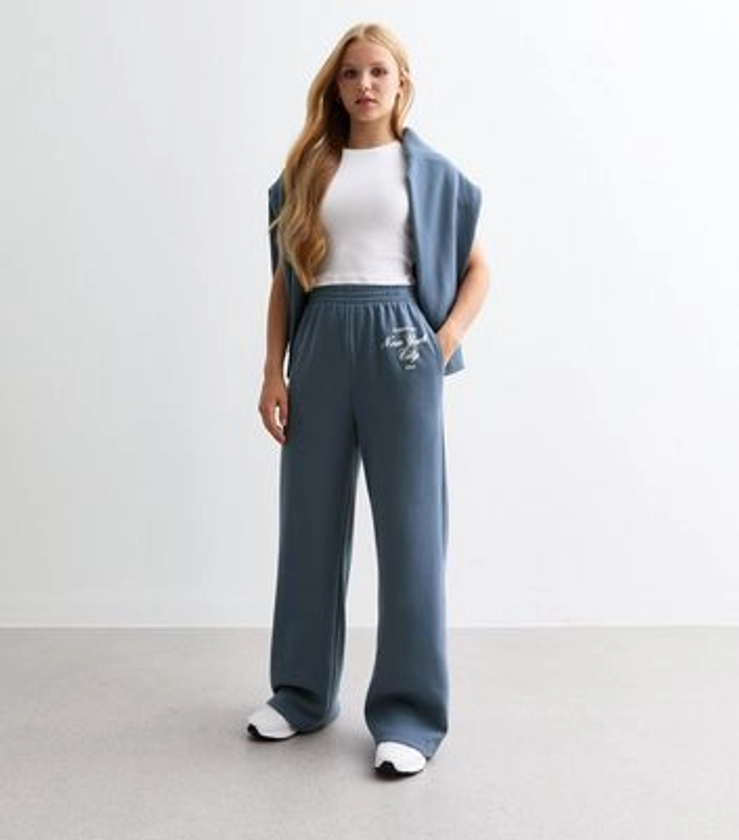 Girls Blue Script New York City Wide Leg Joggers