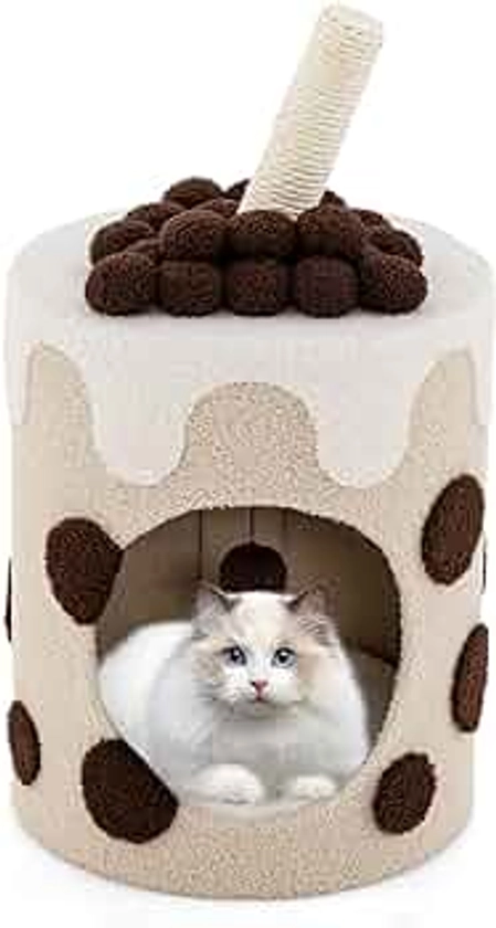 Tangkula Bubble Tea Cat Tree Tower, 26.5 Inch Cat Condo Furniture with Scratching Post, Dangling Ball Toy, Multifunctional Cat Furniture for Indoor Cats, Cute Kitten Activity Center (Brown)