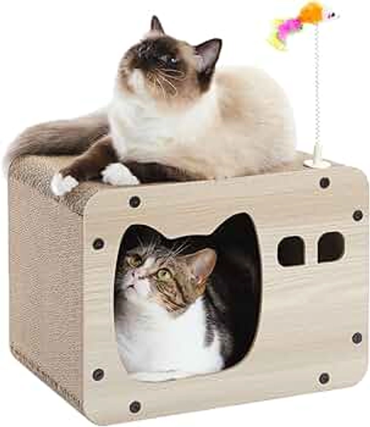 PETEPELA Griffoir pour Chat, Griffoir à Gratter en Carton Ondulé Multifonction 2 en 1, Robuste & Réversible avec Jouet Souris à Ressort, Idéale pour l'Amusement des Chats d'Intérieur, 40x30x30 cm