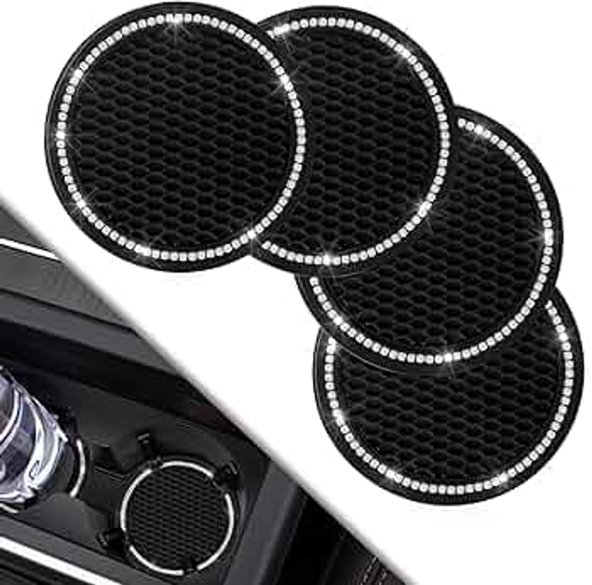 Car Coasters, 4 Pack Universal Vehicle Bling Car Coaster, COCASES Crystal Rhinestone Coaster for Cup Holders, Car Interior Accessories 2.75'' Silicone Anti Slip Car Coasters for Women (Black)