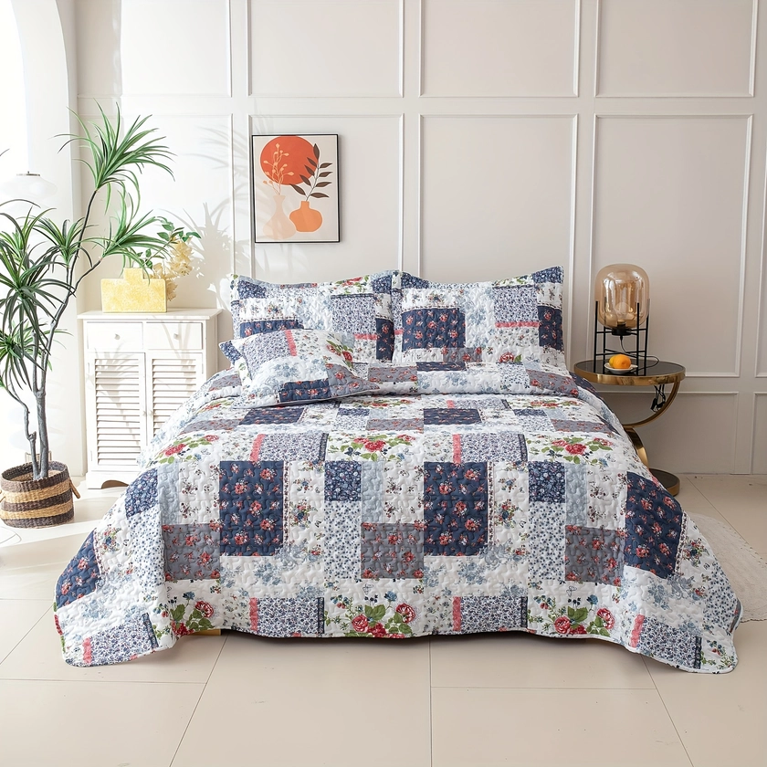 3pcs Pattern Flower Plaid * Bedspread Set (1*Bedspread + 2*Pillowcase Without Filler), Soft Breathable And Comfortable Bedding 90gam Polyester Coverlet Set For Bedroom Dorm Room Decor