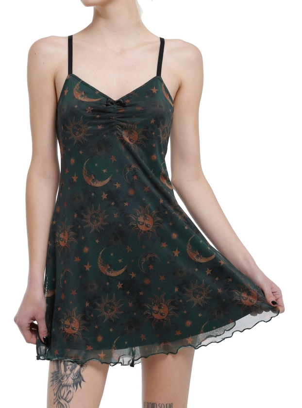 Cosmic Aura Green & Gold Celestial Print Mini Dress