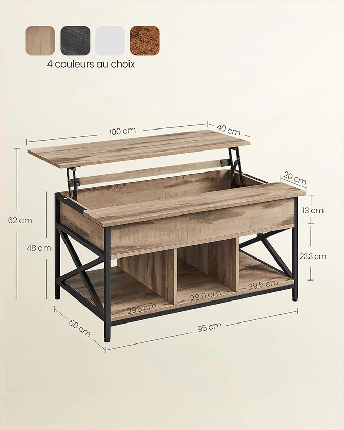 VASAGLE Table Basse, Table de Salon avec Plateau Relevable, avec Rangement Ouvert et Compartiment Caché, Barres en Forme de X, 60 x 100 x (48-62) cm, Marron Chêne et Noir LCT205K50