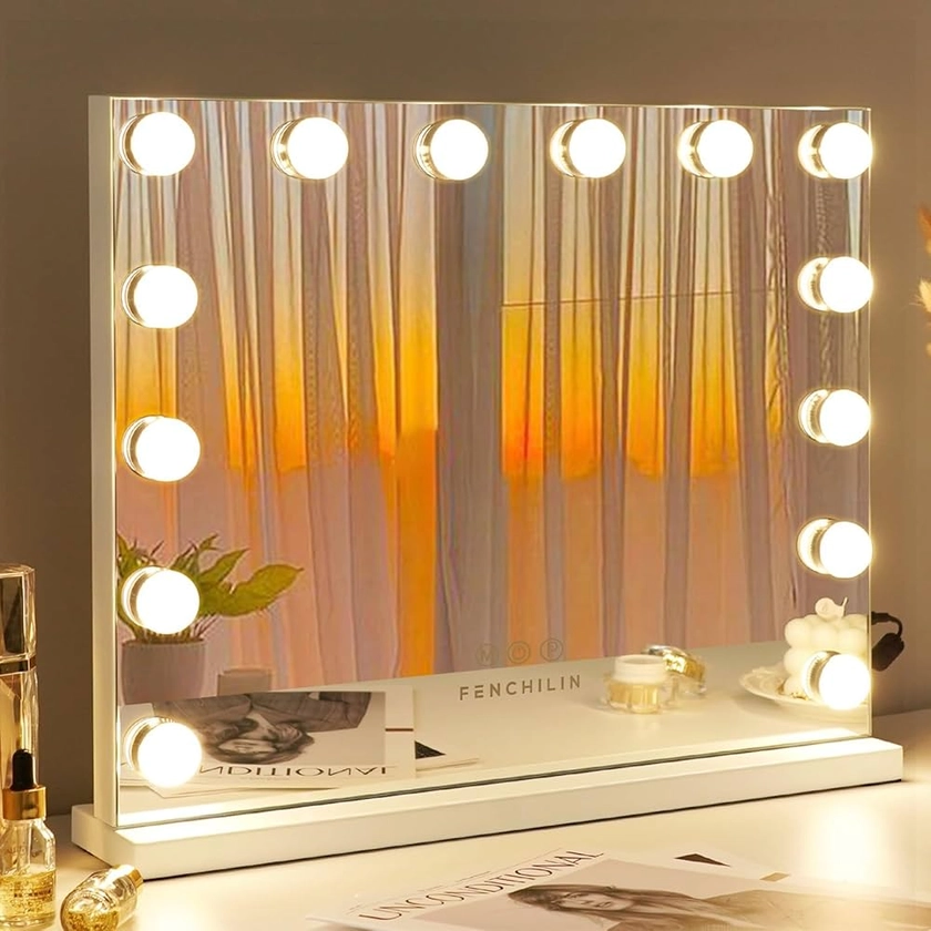 FENCHILIN Miroir Maquillage avec 14 Ampoules LED Miroir Coiffeuse Lumineux avec Port USB Grand mirroir maquilleur Lumineux avec 3 Modes déclairage Miroir Hollywood Coiffeuse Blanc 50x42 cm