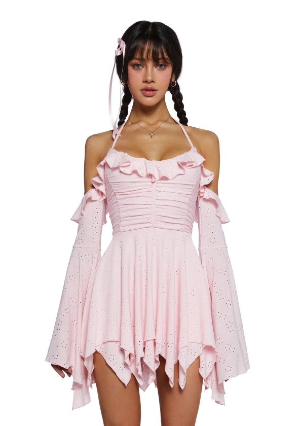 Sugar Thrillz Fairy Core Eyelet Off The Shoulder Handkerchief Mini Dress - Light Pink