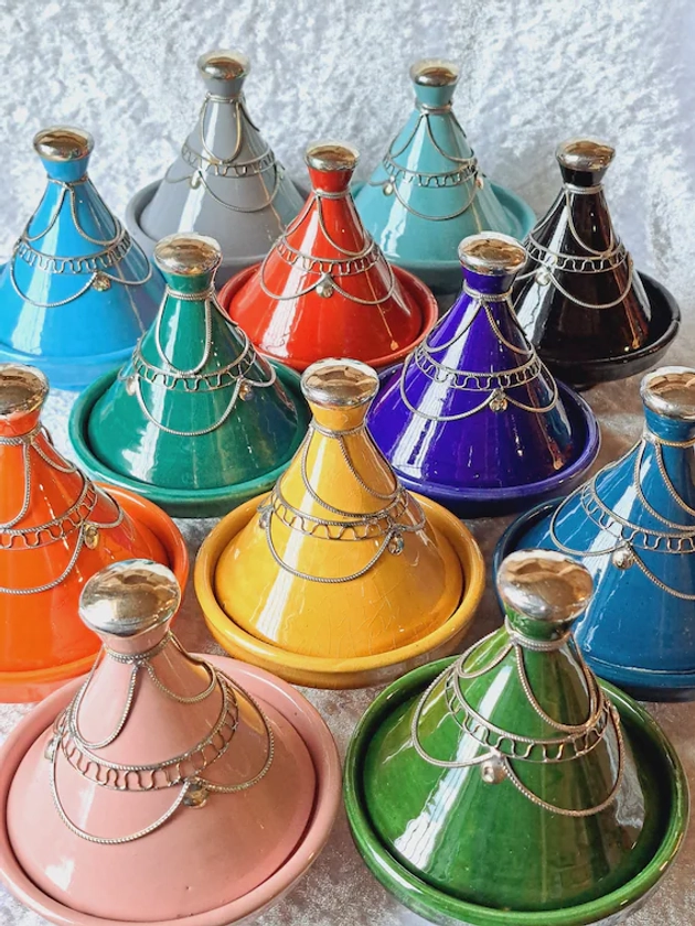 Handmade Multicoloured Pottery  Coloured with Silver Decoration Medium Tagine