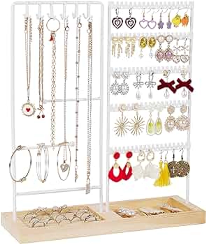 Vtopmart Jewelry Holder Organizer Stand Tree for Earring Necklace Ring Bracelets Display and Storage, with 90 Holes, 12 Hooks, Ring Tray, White+Wood