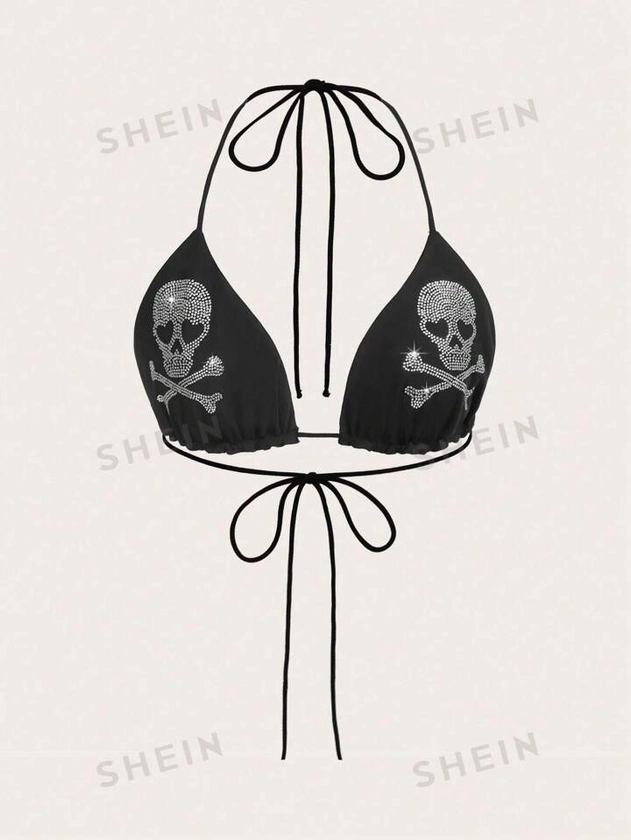 SHEIN ICON Halloween Rhinestone Skull Pattern Tie Backless Crop Halter Top
