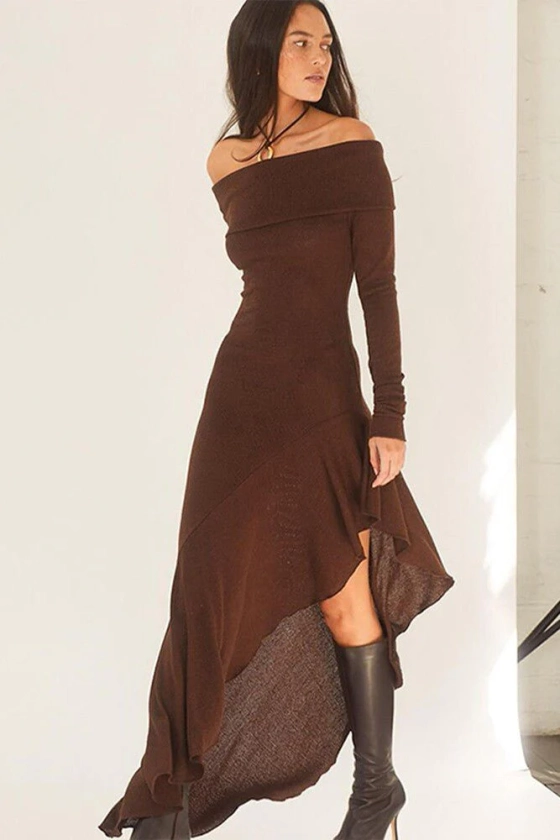 Brown Off the Shoulder Side Split Dress