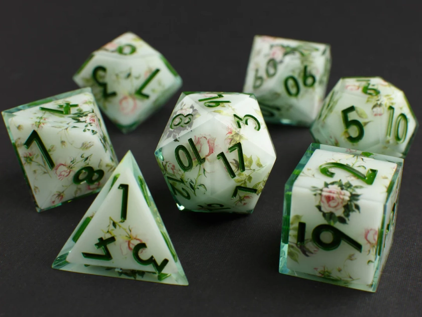 Elven Grove Dice Set - Handmade Layered Resin D&D Dice - Green Flower Design - RPG Dungeons and Dragons Dice