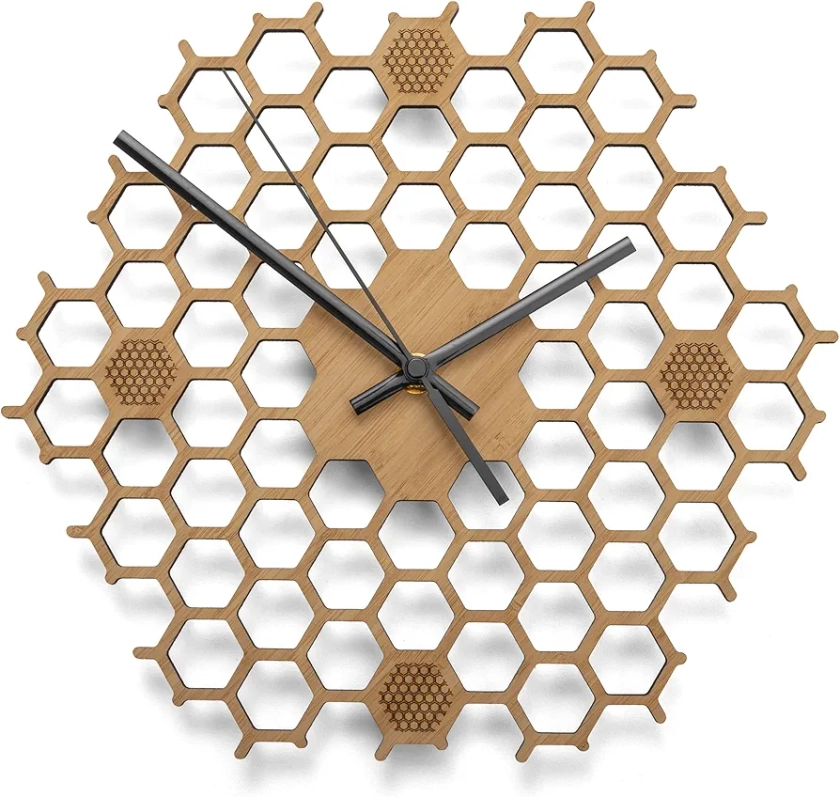 BU Products Natural Wooden Honeycomb Wall Clock | Non Ticking Silent Sweep | Bamboo Minimalist | Kitchen/Living room/Bedroom/Dining Room | 26cm x 26cm