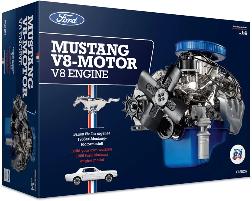 FRANZIS 67501 - Ford Mustang V8 - a true-to-life model kit of 1:4 scale of the Ford Mustang engine, original motorsound and a comprehensive accompanying handbook with 100 pages