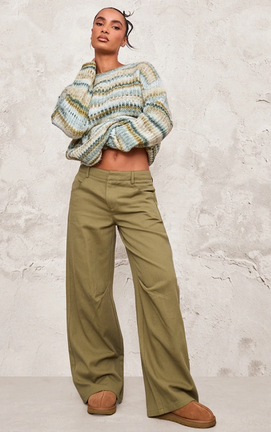 Khaki Low Rise Twill Wide Leg Trousers