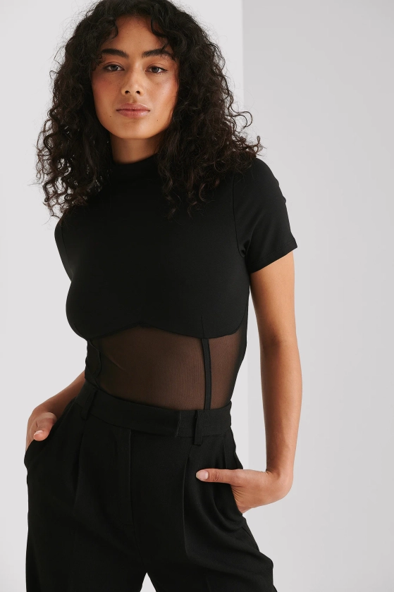 Cropped Mesh Detail Top Black