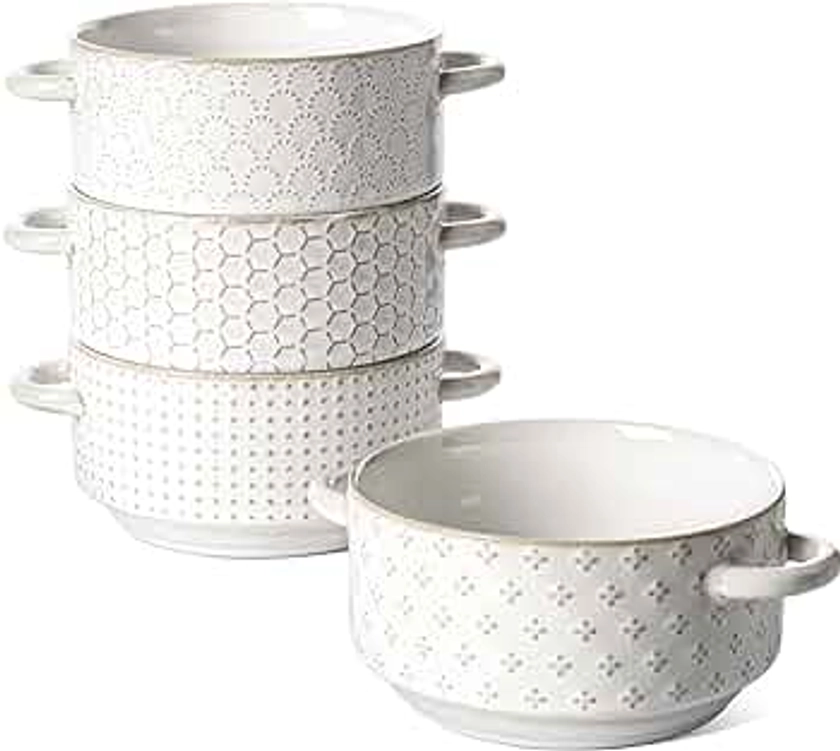 LE TAUCI Soup Bowls with Handles, 20 oz French Onion Soup Crocks, Stackable Soup Bowl Oven Safe for Chili, Beef Stew, Embossment Ceramic Bowl Set - 5.4 Inch, Set of 4, Arctic White