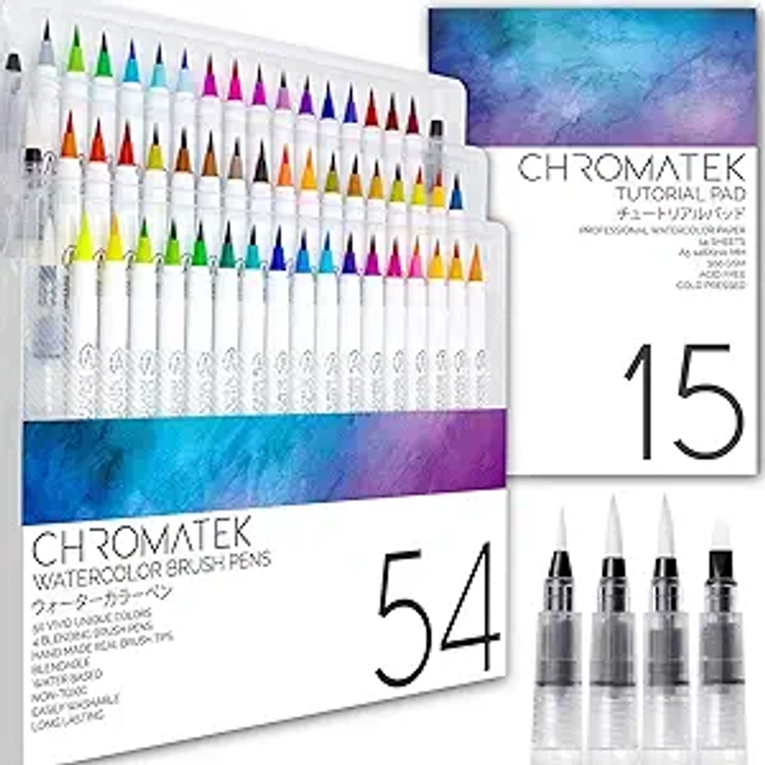 CHROMATEK 54 Watercolor Pens Set, Including 15 Page Pad & Online Video Tutorial Series, 4 Aquapens, 50 Unique Colors, Real Brush Pens, Easily Blended, Vivid, Smooth, Professional Art Supplies