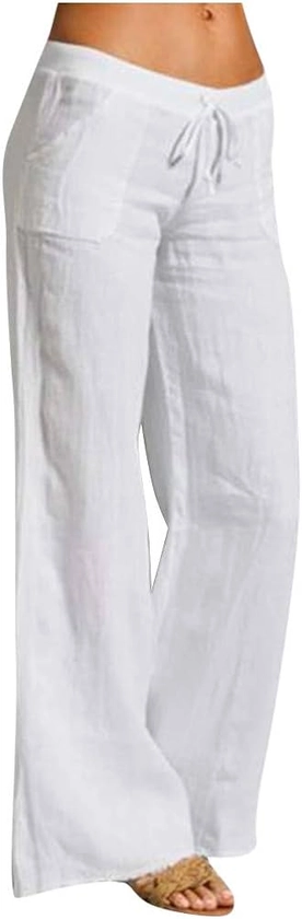 Limsea Clearence Sale! Women's Wide Leg Pants Summer Cotton Linen Elastic Waist Drawstring Trousers Relax Fit Sweatpants
