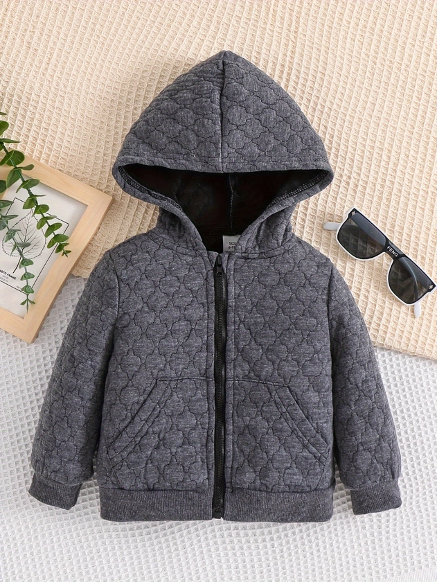 Toddler Baby Boy&#39;s Casual Quilted Zip-Up Hoodie With Pocket, Long Sleeve Textured Fabric Sweatshirt Jacket, Cozy Spring Fall Outerwear