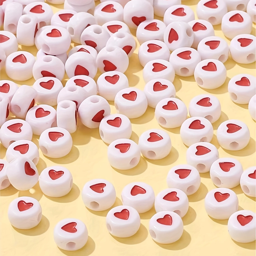 100pcs Acrylic Beads Simple Lovely White Base Red Heart Beads Round Loose Beads For DIY Bracelet Necklace Earring Jewelry Making