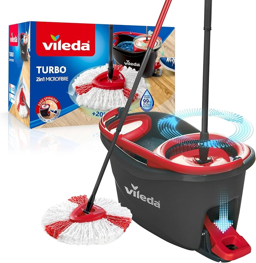 Vileda Turbo Microfibre Mop and Bucket Set, Spin Mop for Cleaning Floors, Set of 1x Mop and 1x Bucket,Grey/Red,48.5 x 27.5 x 28 cm