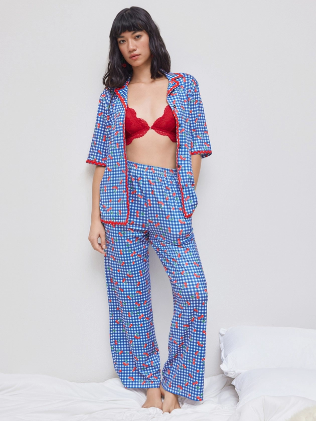 Knit Fabric Cotton-blend Collar Gingham Cherry Pocket Short Sleeve Top & Mid Rise Wide Leg Trousers Pajama Set For Home Bedroom