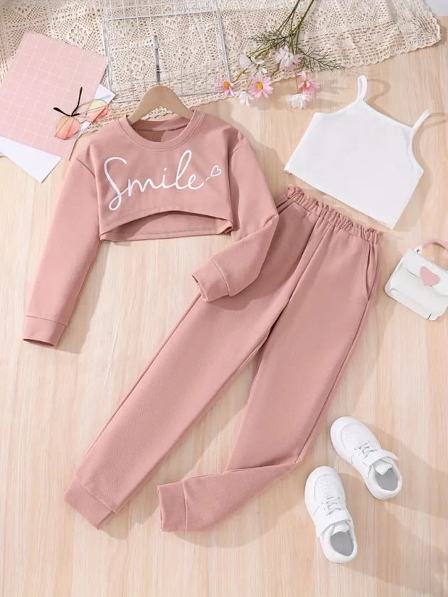 Girls 3pcs Cartoon Smile Pattern Long Sleeve Sweatshirt Comfy Pullover + Solid Vest ＋sweatpants Set For Spring Fall Gift