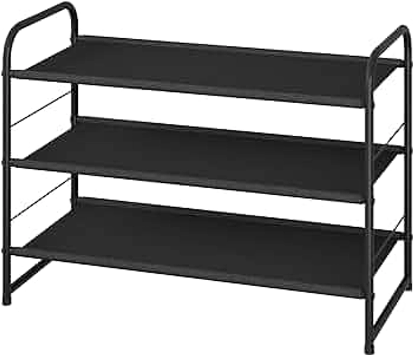 Simple Trending 3-Tier Stackable Shoe Rack, Expandable & Adjustable Fabric Shoe Shelf Storage Organizer, Black