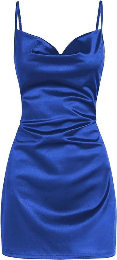 Amazon.com: ZAFUL Women's Satin Sleeveless Spaghetti Strap Mini Dress Sexy Slip Cowl Neck Silky Cocktail Party Dresses(Royal Blue-F, XS) : Clothing, Shoes & Jewelry