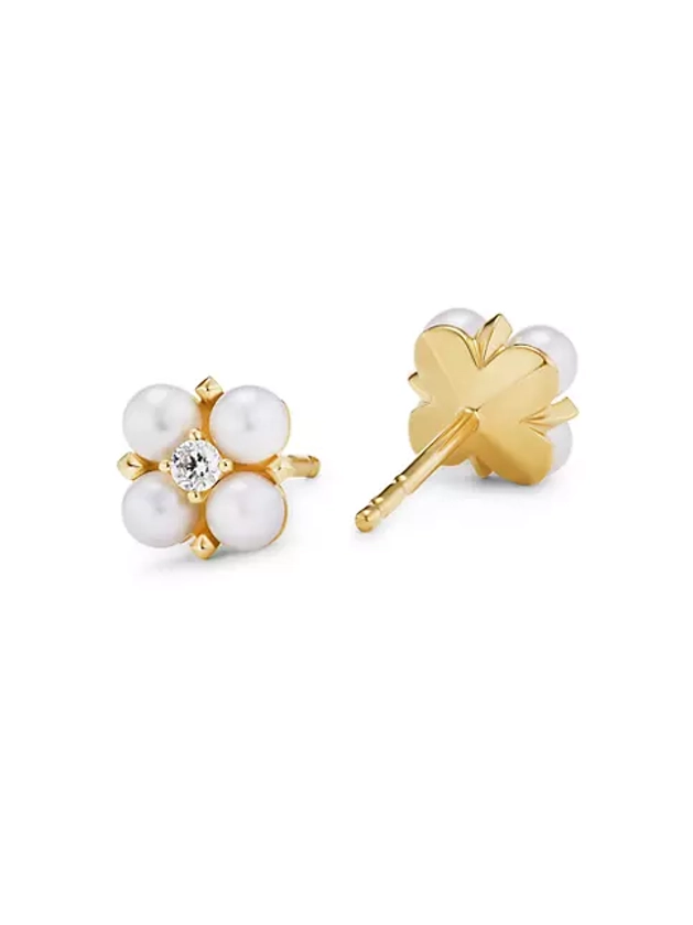 Petite Modern Renaissance Pearl Stud Earrings in 18K Yellow Gold with Diamonds, 7.8MM