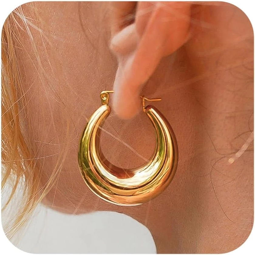 Chunky Gold Hoop Earrings for Women, 14k Gold Plated Thick Triple Hoop Earrings Hypoallergenic Trendy Chunky Gold Hoops Earrings Dainty Jewelry Gifts for Women Girls