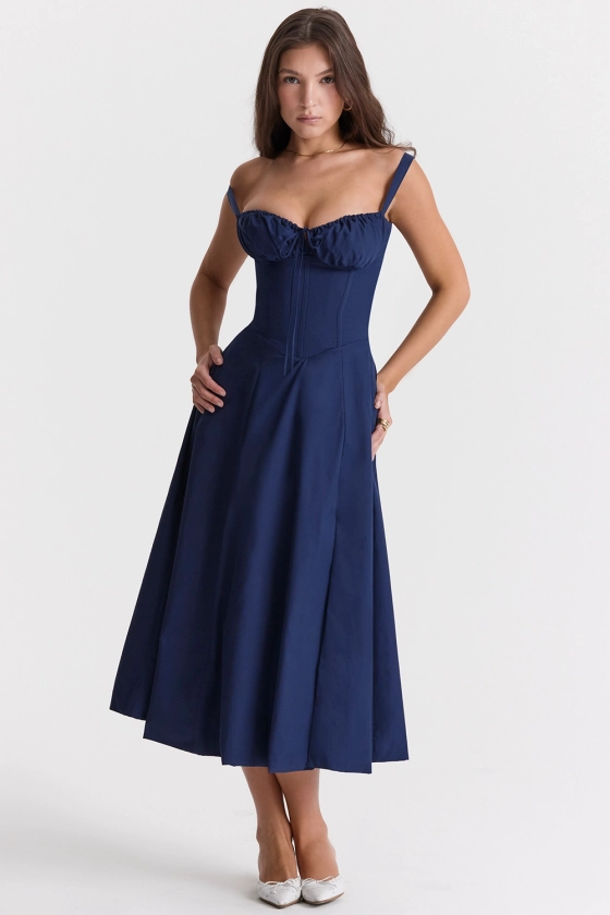 Clothing : Midi Dresses : 'Carmen' French Navy Bustier Sundress