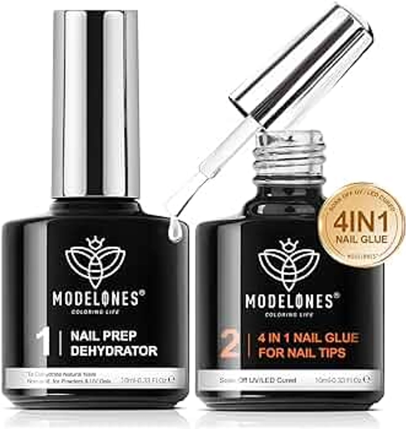 Modelones 4 in 1 Nail Glue Gel Nail Prep Dehydrate Gel Nail Kit Nail Extension Set for False Nail Tips/Acrylic Nails/Base Gel/Bloom Gel/Adhesive Bond, Long Lasting Curing Needed