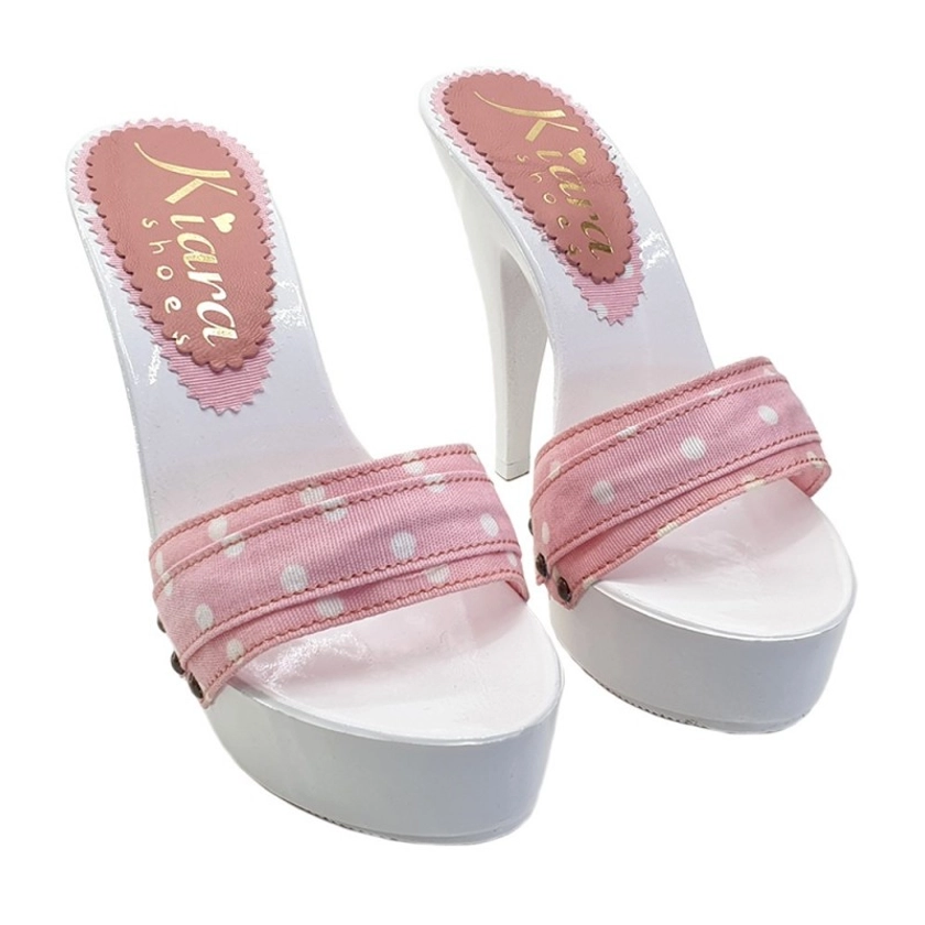 Ladies clogs kiara shoes, confy heel clogs, pink polka dot style