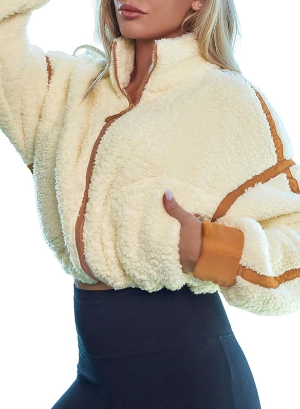 Herseas Womens Full Zip Fleece Jackets Color Block Sherpa Crop Coat Oversized Fuzzy Winter Outerwear