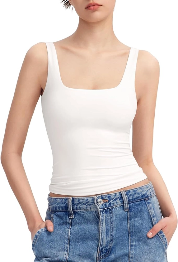PUMIEY White Tank Tops for Women Square Neck Sleeveless Summer Tops, Splashed White Small at Amazon Women’s Clothing store