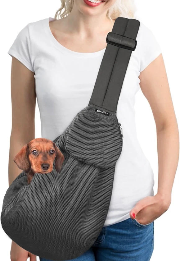 SlowTon Dog Carrier Sling - Thick Padded Adjustable Shoulder Strap Dog Carriers for Small Dogs, Puppy Carrier Purse for Pet Cat with Front Zipper Pocket Safety Belt Machine Washable (Grey Mesh L)