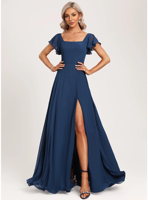[US$ 89] A-line Square Floor-Length Chiffon Bridesmaid Dress With Ruffle (007279248)