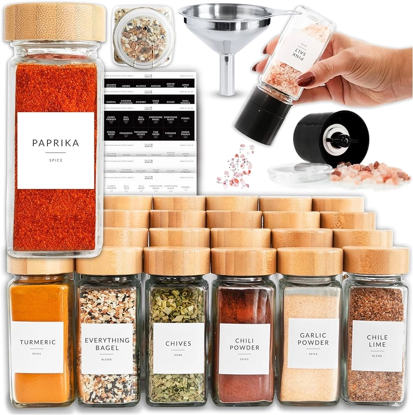 24 Glass Spice Jars with Label, Bamboo Spice Jar Set 118ml Seasoning Containers with Labels, Pepper Grinder, 374 Spice Labels, Spice Bottles Funnel, Empty Spice Jars with Shaker Lids, Spice Containers