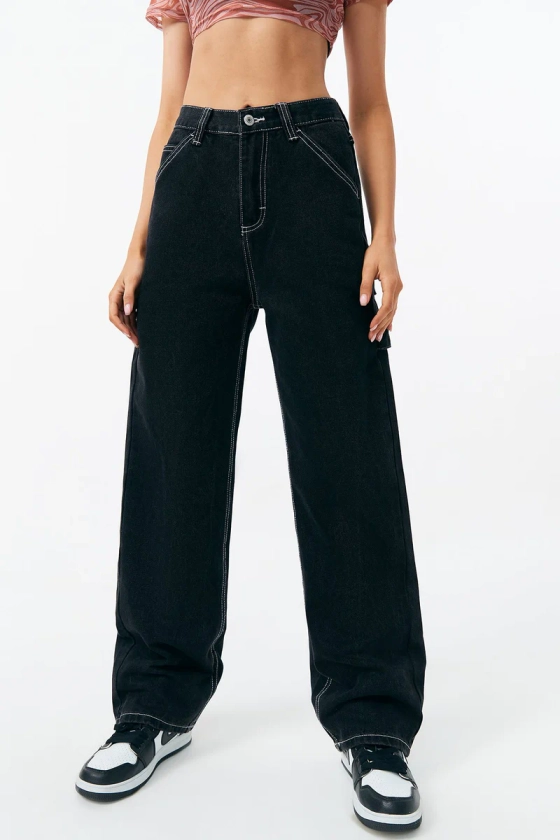 Top-stitching High Waist Straight Leg Jeans