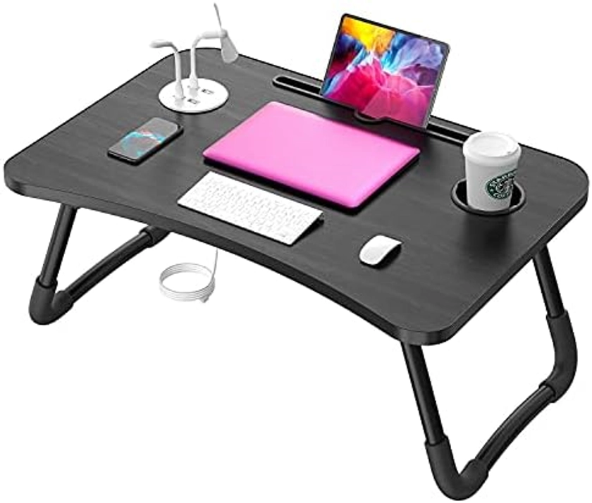 Elekin Folding Standing Lap Desk Multi-Function Laptop Bed Table Stand Laptop Desk with USB/Cup Holder for Bed Couch Sofa with Little Gift（Small Table Lamp，Small Fan）