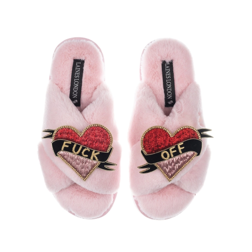 Classic Laines Slippers With Fuck Off Brooches - Pink by LAINES LONDON