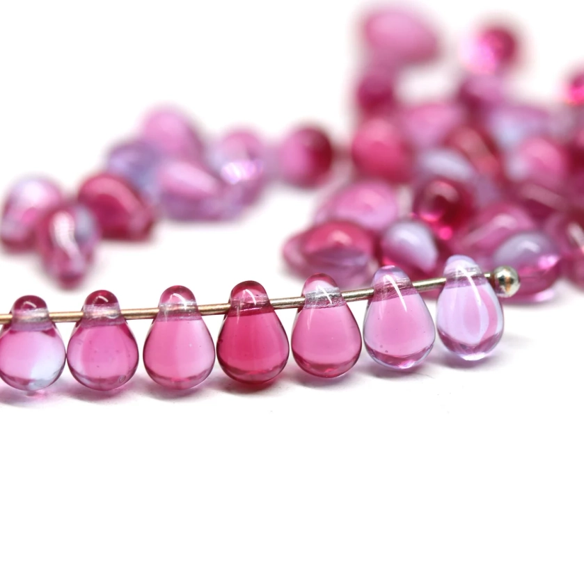 50pc Bright Pink Tiny Drops Czech Glass, 4x6mm Pink Blue Small Teardrop Beads 5252 - Etsy UK