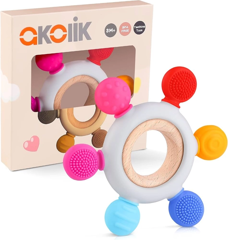 akolik Teething Toys for Baby, Baby teether, Silicone Teething for Babies 0-6 6-12 Months, BPA-Free with Wooden Ring Silicone Chewable Teether (Rudder c)