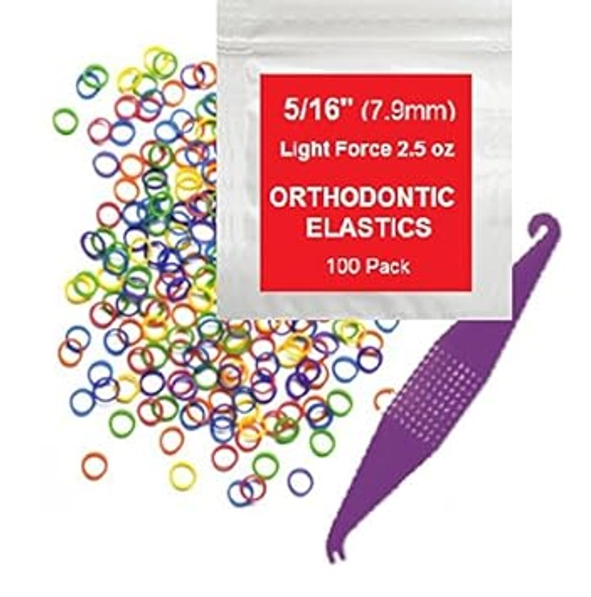 5/16 Inch Orthodontic Elastic Rubber Bands, 100 Pack, Neon, Light 2.5 Ounce Small Rubberbands Dreadlocks Hair Braids Fix Tooth Gap, Free Elastic Placer for Braces
