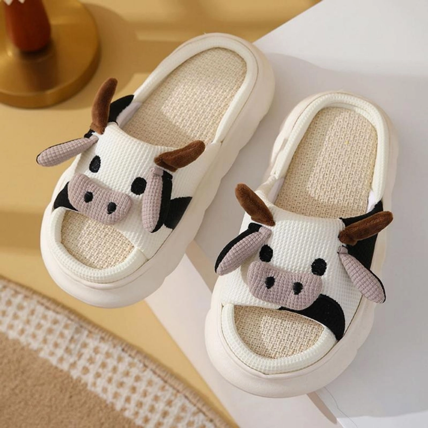 Women's Cartoon Cow Slippers Cute Animal Shape Slippers Thick Sole Soft Indoor Outdoor Slippers