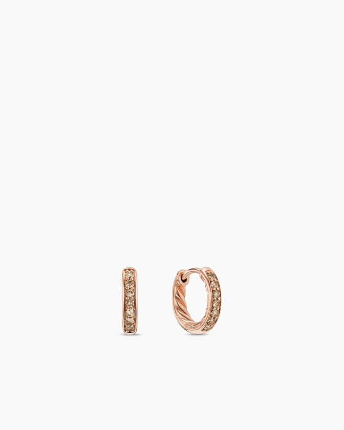 David Yurman | Petite Pavé Huggie Hoop Earrings in 18K Rose Gold with Cognac Diamonds, 12mm