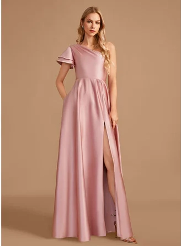 [US$ 104.00] A-line One Shoulder Floor-Length Satin Bridesmaid Dress (007269493)