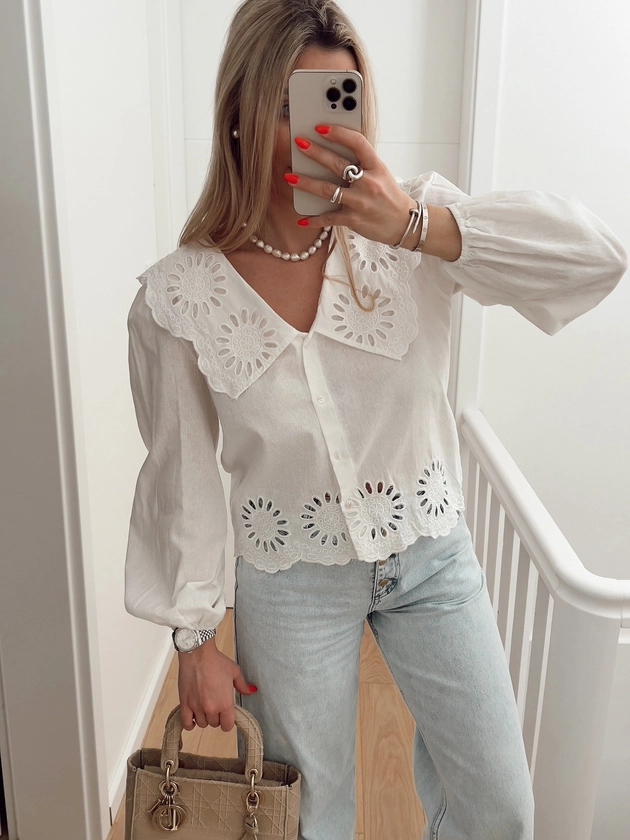 shirt MEREL Col claudine broderie anglaise effet lin blanc