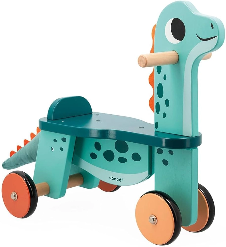 Janod- Dino Portosaurus-Porteur Dinosaure-Hauteur d'Assise 21 cm-Queue en Peluche Amovible-Développe l'Équilibre-Jouet en Bois FSC-Dès 12 Mois, J05828, Multicolore, Large