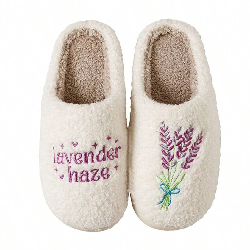 Ladies' Cute And Fashionable Lavender Embroidery Warm Winter Home Slippers
